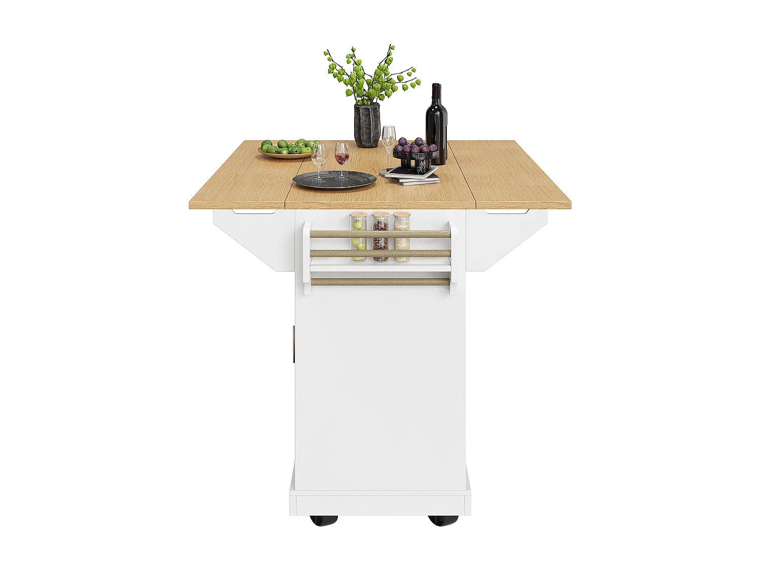 Îlot de cuisine blanc avec plateau de table pliable, 3 tiroirs de rangement et 2 portes - 5 roulettes