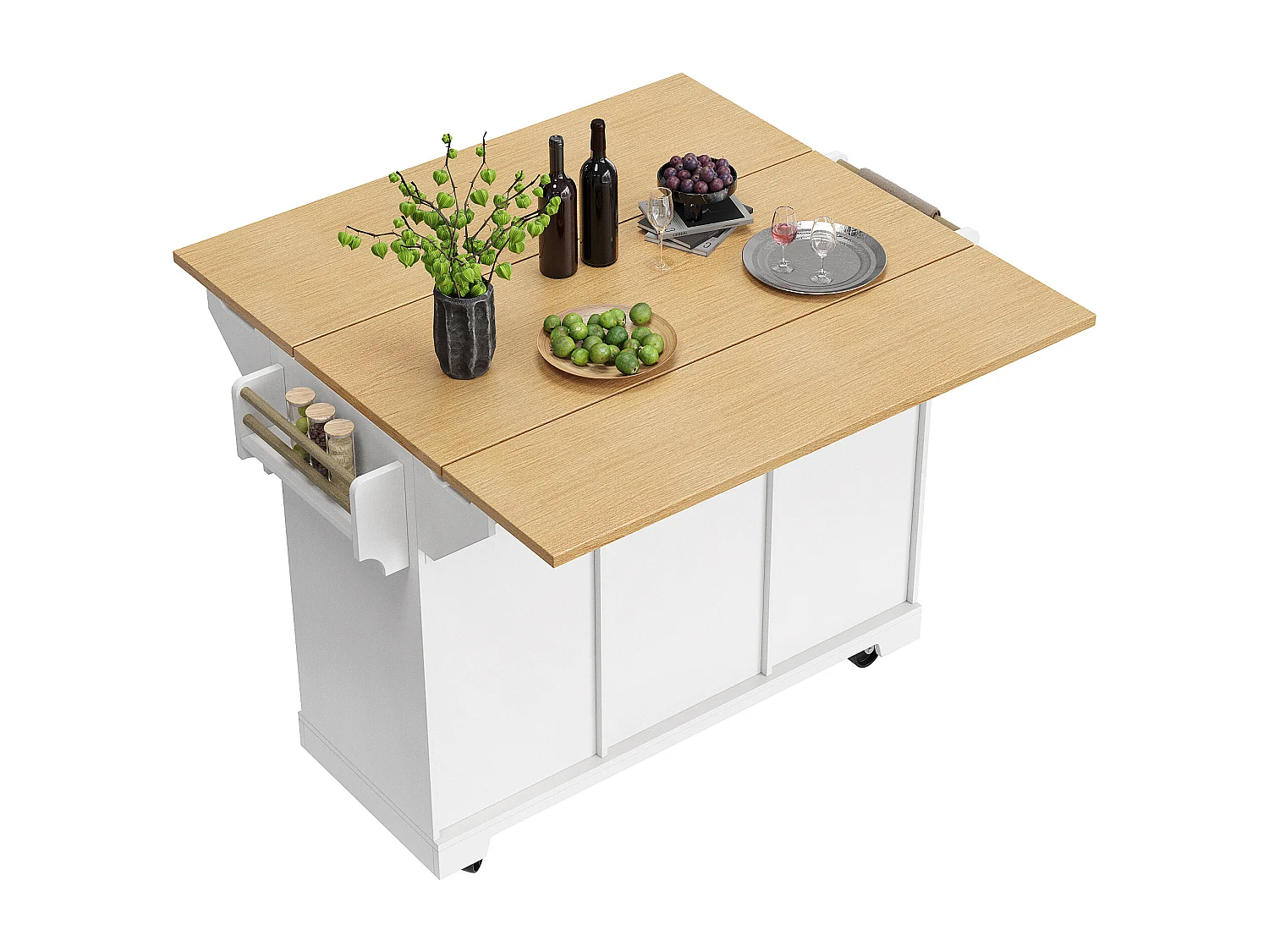 Îlot de cuisine blanc avec plateau de table pliable, 3 tiroirs de rangement et 2 portes - 5 roulettes