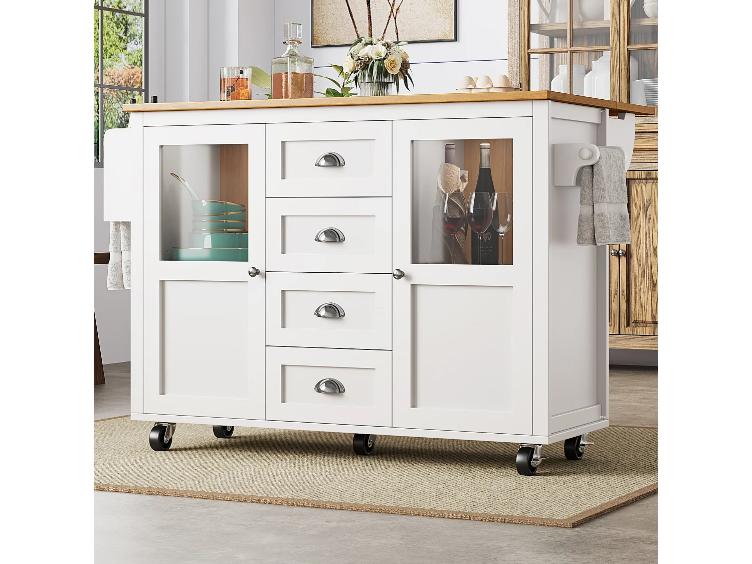 Weiße Kücheninsel, mobile Kücheninsel mit 2 Türen und 4 Schubladen, klappbarer Arbeitsplatte – silberne Griffe