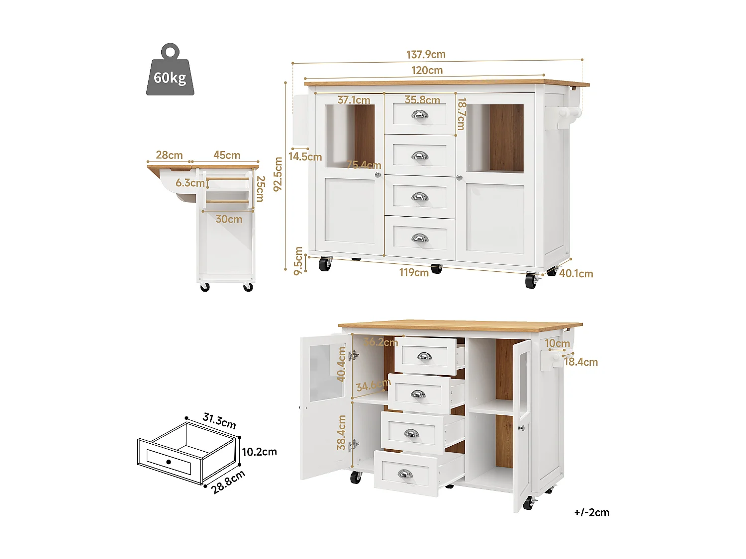 Weiße Kücheninsel, mobile Kücheninsel mit 2 Türen und 4 Schubladen, klappbarer Arbeitsplatte – silberne Griffe