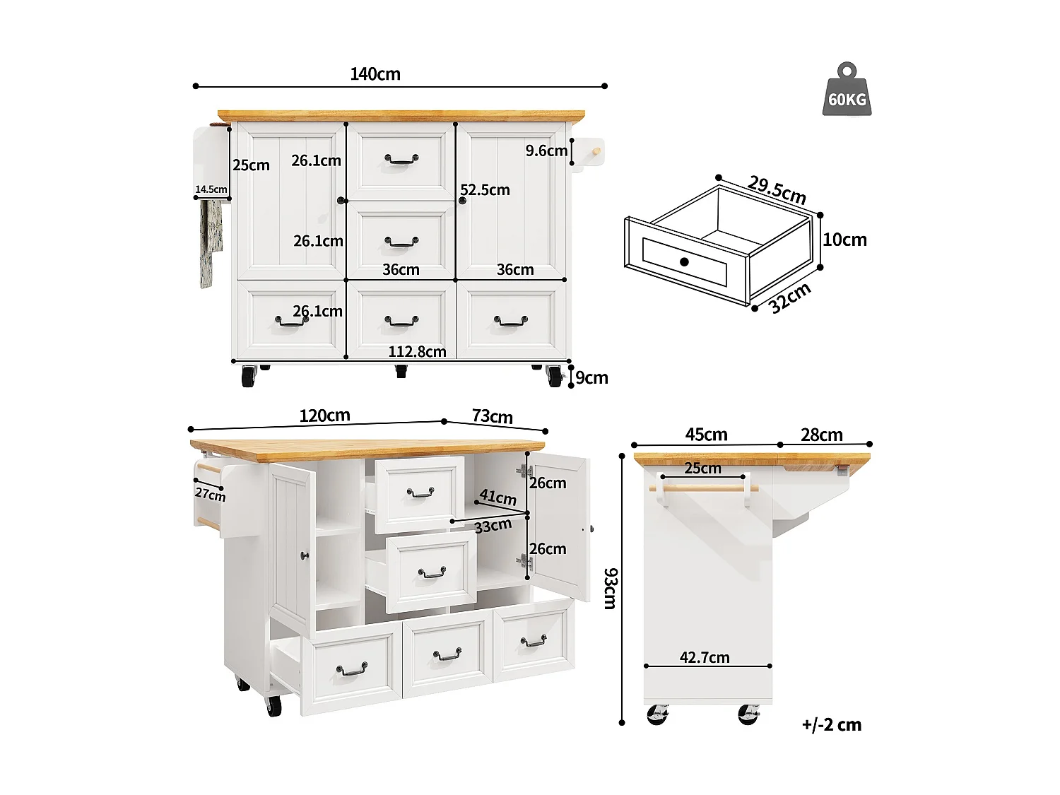 Mobilna wyspa kuchenna z 2 drzwiami, 5 szufladami i regulowanymi półkami – biała