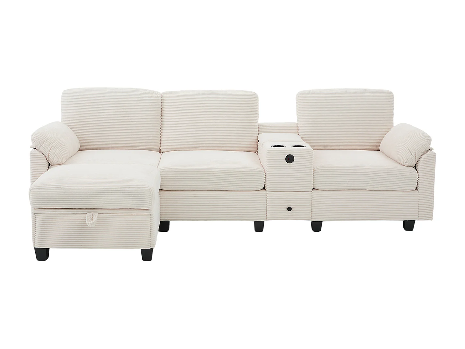 3-Sitzer-Sofa, cordsofa mit Stauraumhocker, Schubladen, 2 Getränkehaltern und USB-Anschluss – Beige