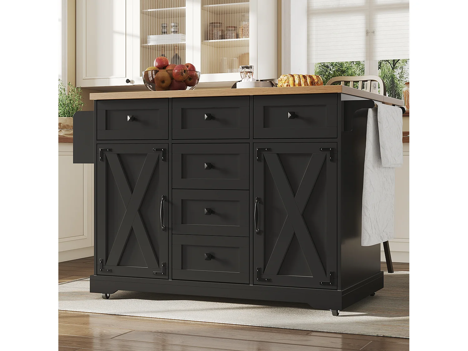 Isla de cocina móvil con tablero plegable, 6 cajones y 2 puertas - negro