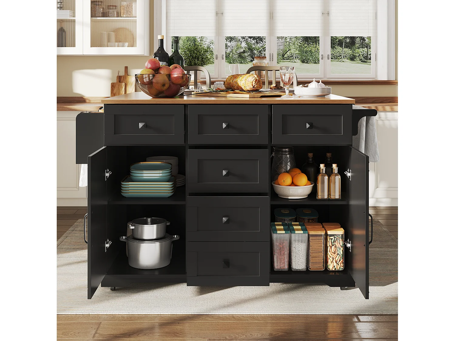 Isla de cocina móvil con tablero plegable, 6 cajones y 2 puertas - negro