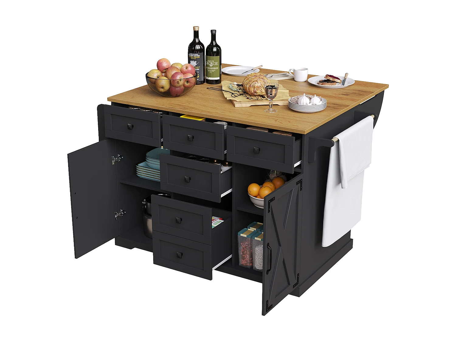 Isla de cocina móvil con tablero plegable, 6 cajones y 2 puertas - negro