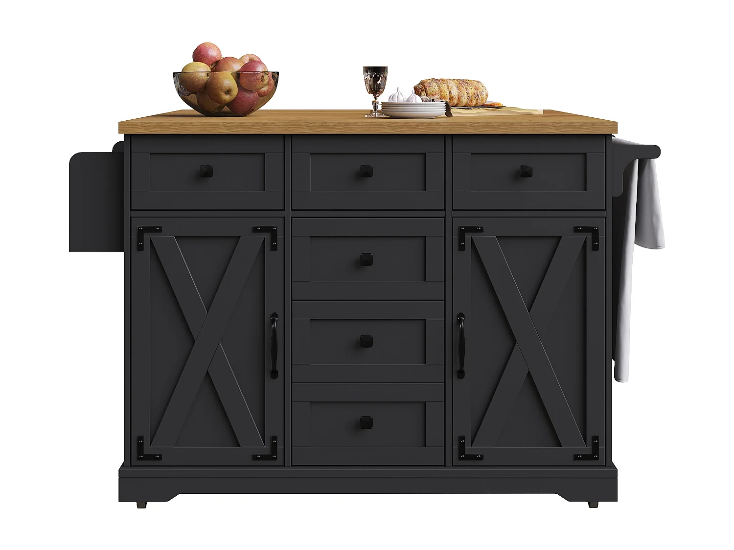 Isla de cocina móvil con tablero plegable, 6 cajones y 2 puertas - negro