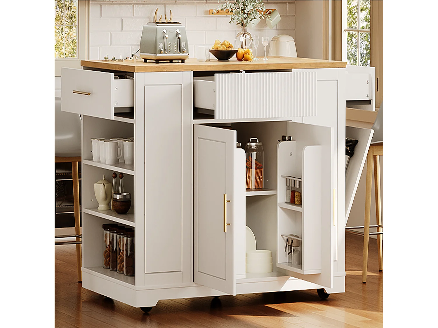 Carrello da cucina con ruote, Carrello da cucina bianco con 2 ante e 3 cassetti, ampi scomparti