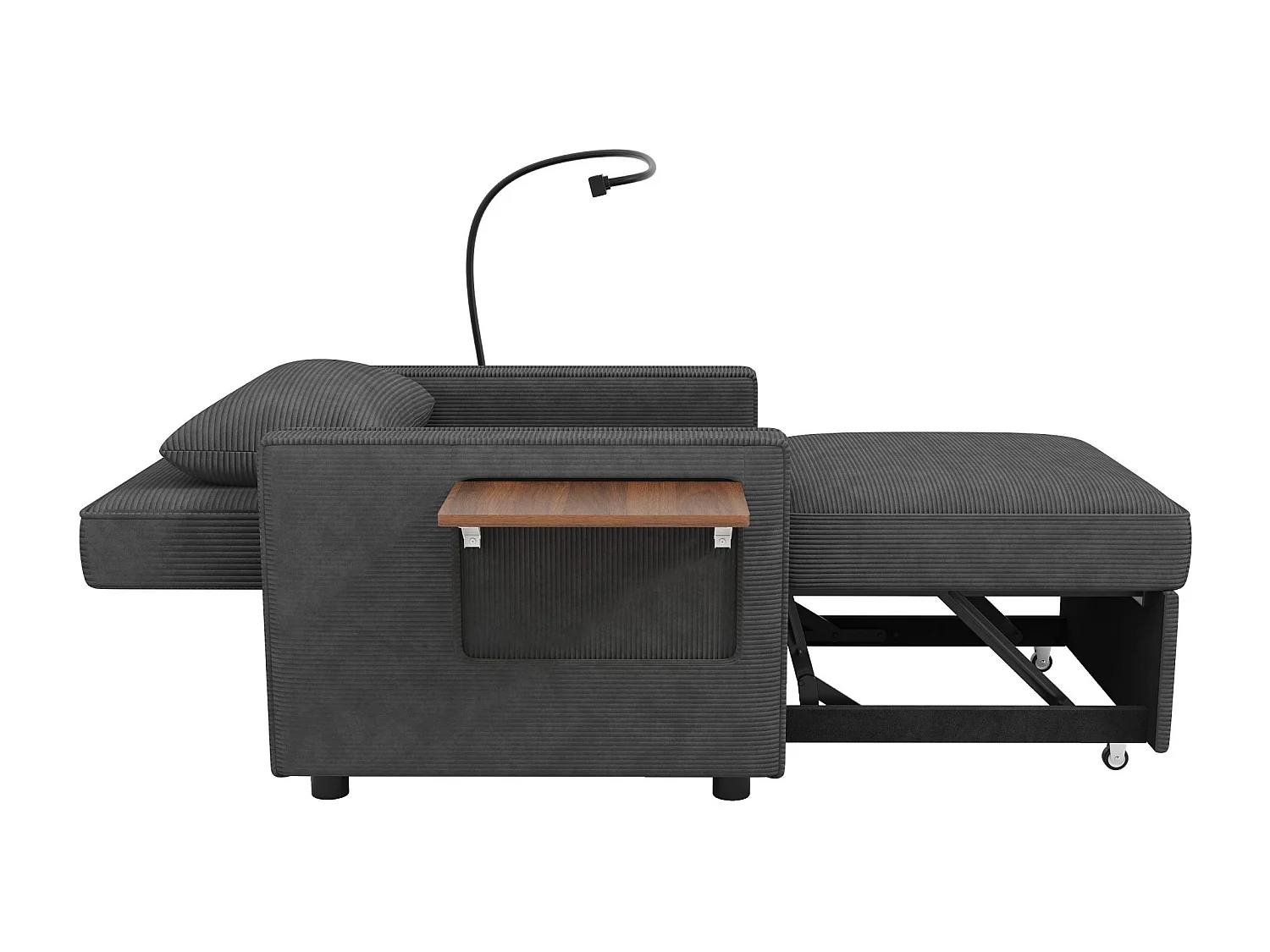 Canapé convertible avec port USB et support téléphone, dossier réglable - Velours côtelé gris foncé