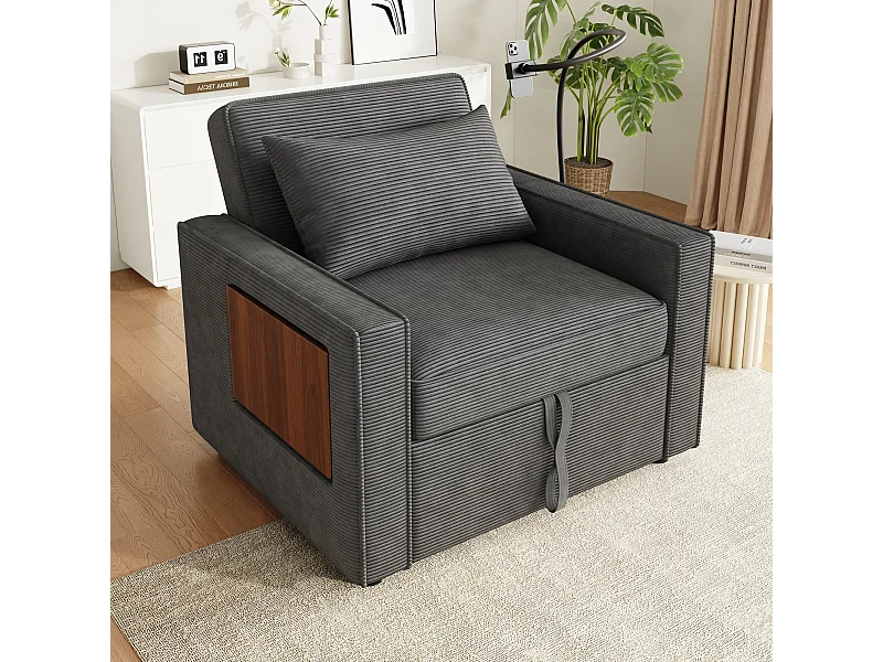 Canapé convertible avec port USB et support téléphone, dossier réglable - Velours côtelé gris foncé