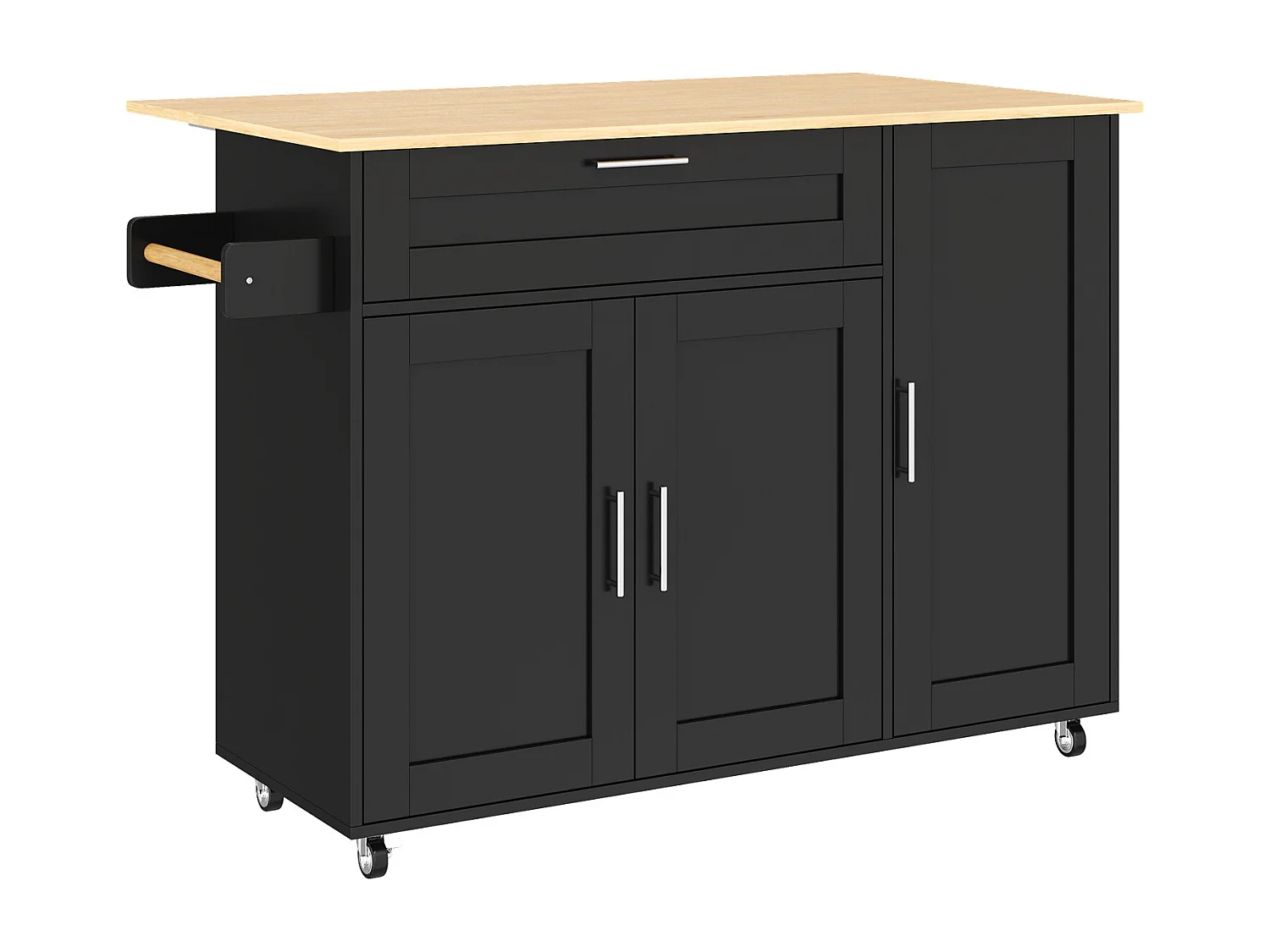 Zwart kookeiland, mobiel kookeiland met uitklapbaar werkblad, 3 deuren en 1 lade - voor keukens en eetkamers