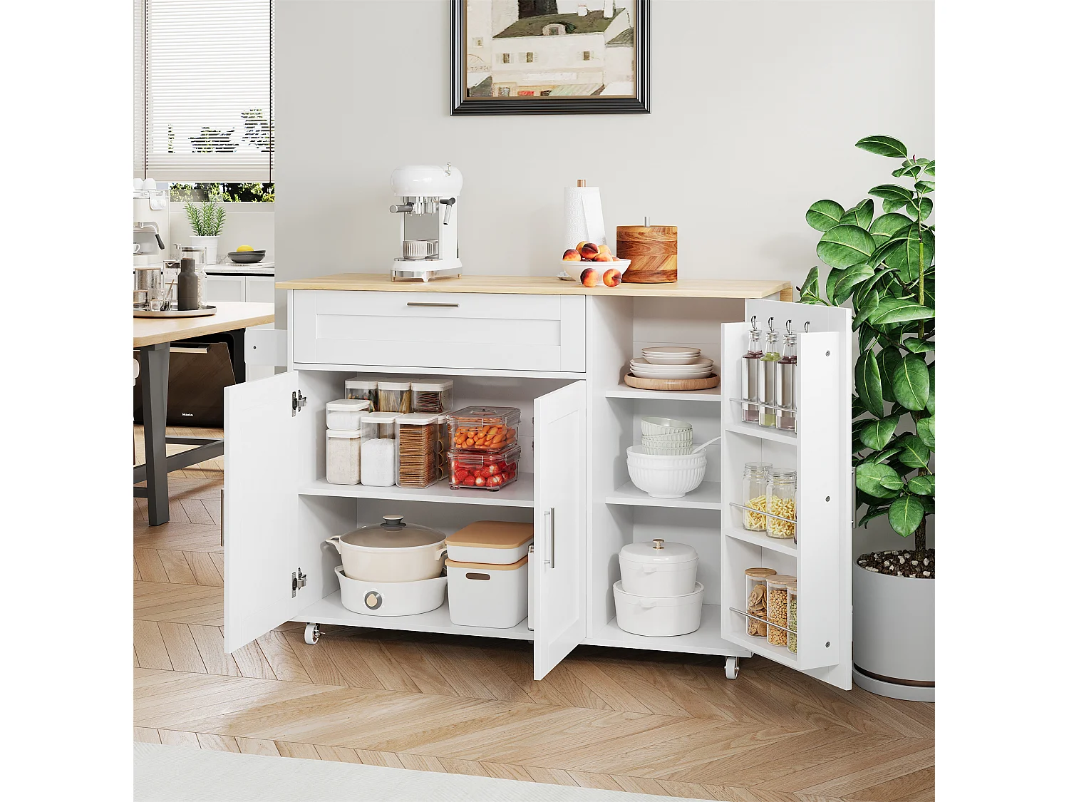 Îlot central blanc, îlot central mobile avec plan de travail rabattable, 3 portes et 1 tiroir - pour cuisine et salles à manger