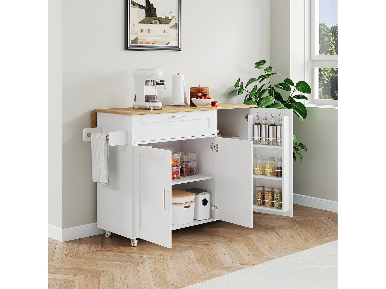 Îlot central blanc, îlot central mobile avec plan de travail rabattable, 3 portes et 1 tiroir - pour cuisine et salles à manger