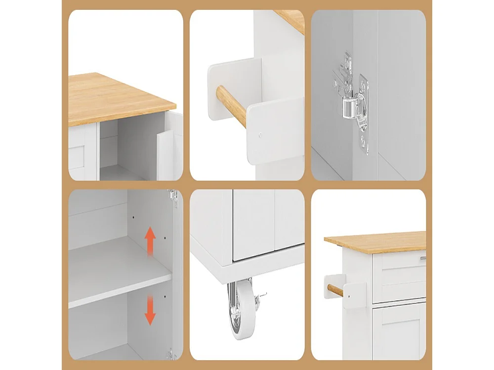 Îlot central blanc, îlot central mobile avec plan de travail rabattable, 3 portes et 1 tiroir - pour cuisine et salles à manger