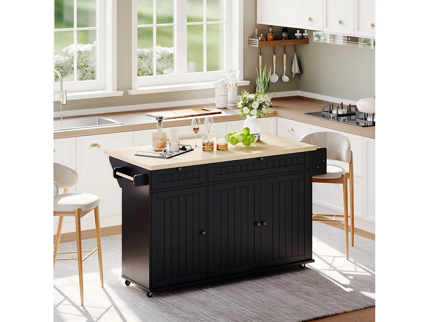 Isla de cocina con tapa plegable, 6 ruedas bloqueables y 2 cajones de almacenamiento - negro