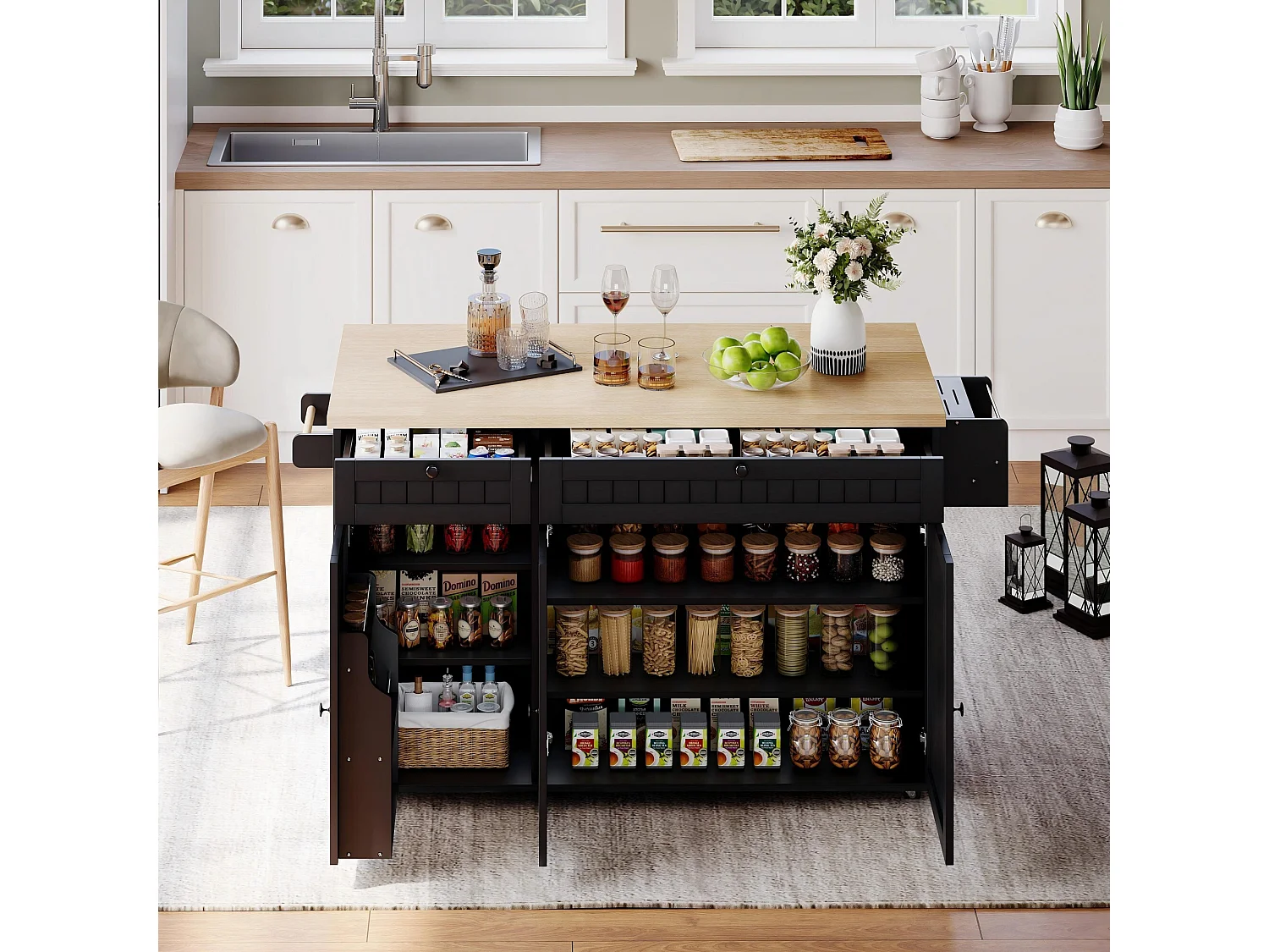 Isla de cocina con tapa plegable, 6 ruedas bloqueables y 2 cajones de almacenamiento - negro
