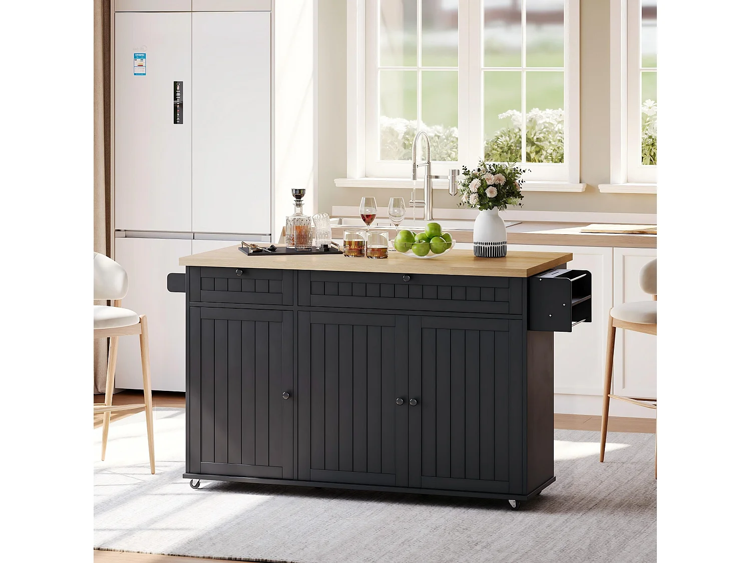 Isla de cocina con tapa plegable, 6 ruedas bloqueables y 2 cajones de almacenamiento - negro