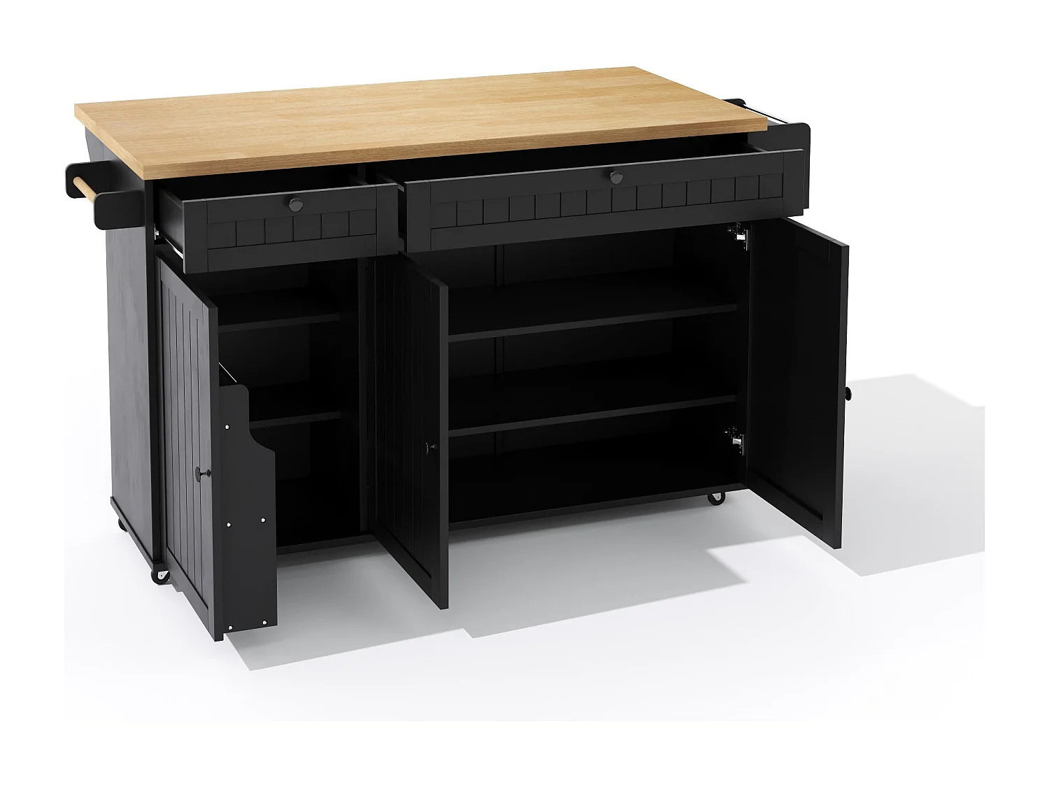 Isla de cocina con tapa plegable, 6 ruedas bloqueables y 2 cajones de almacenamiento - negro