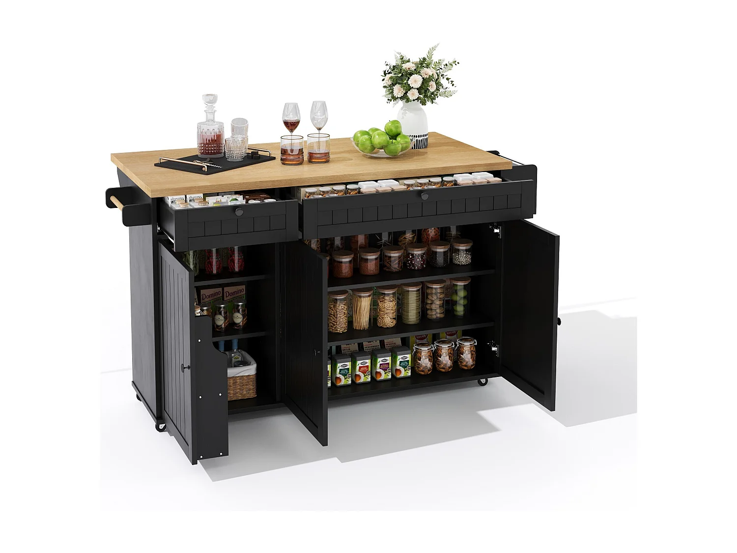 Isla de cocina con tapa plegable, 6 ruedas bloqueables y 2 cajones de almacenamiento - negro