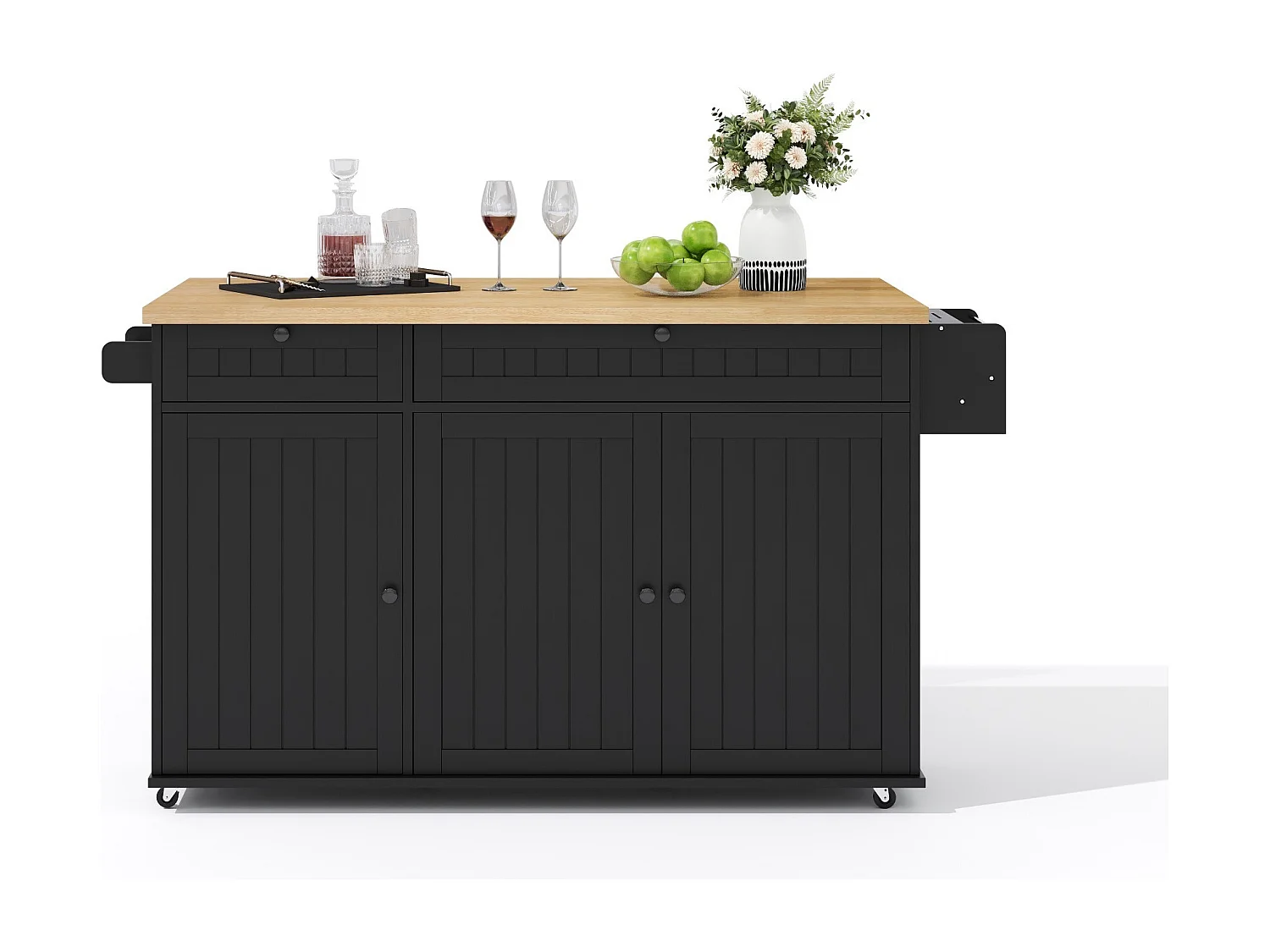 Isla de cocina con tapa plegable, 6 ruedas bloqueables y 2 cajones de almacenamiento - negro