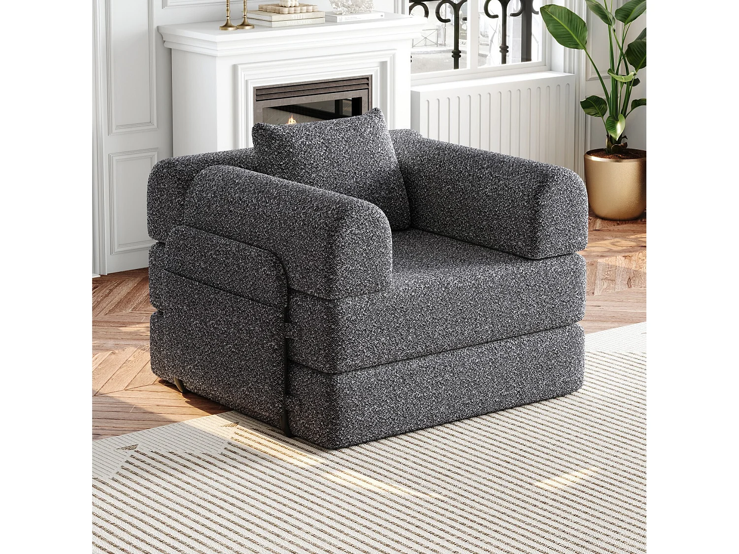 Umwandelbares Sofa mit gepolsterten Armlehnen und Seitentaschen, Metallgestell – Graues Chenille