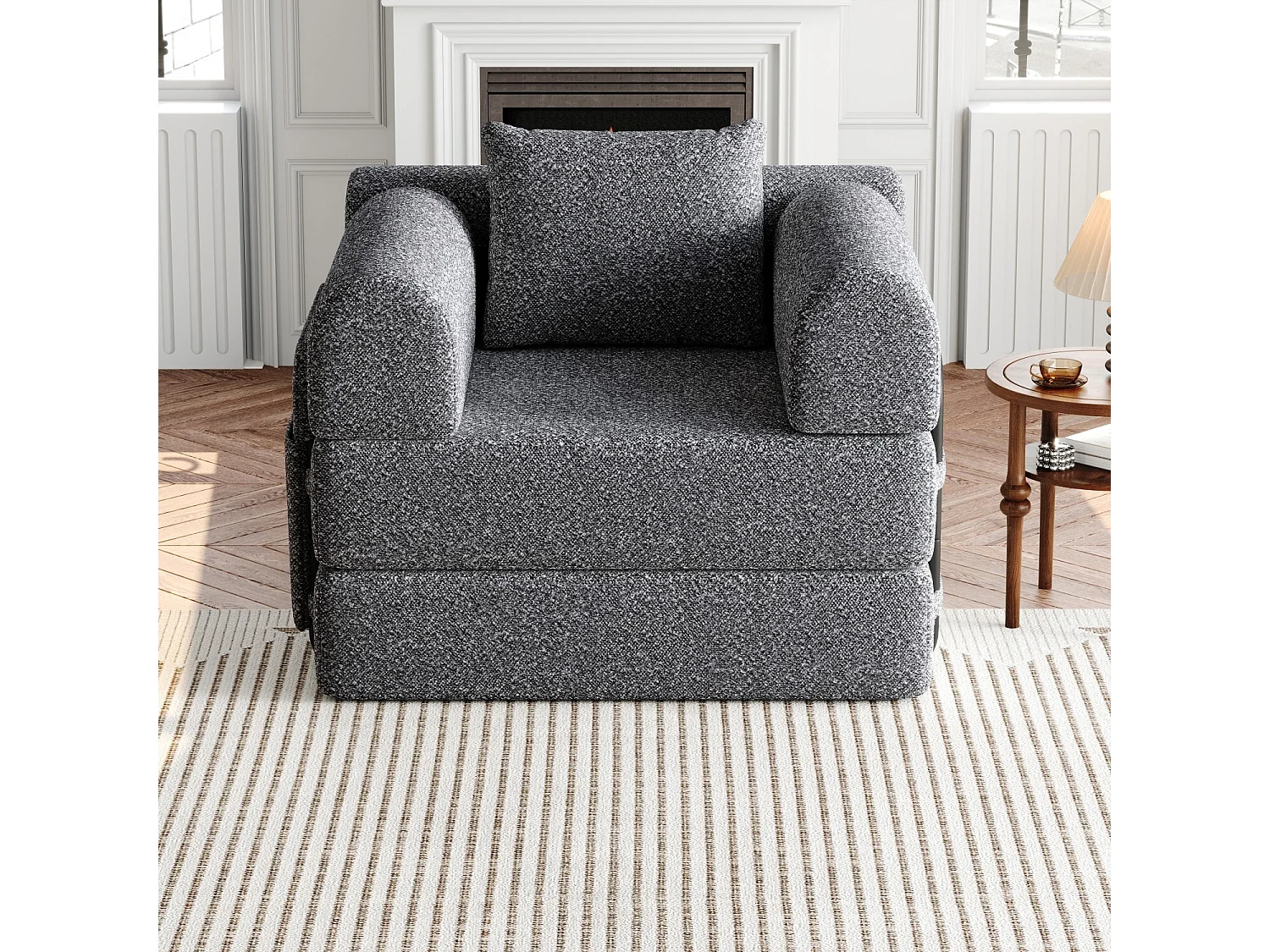 Umwandelbares Sofa mit gepolsterten Armlehnen und Seitentaschen, Metallgestell – Graues Chenille