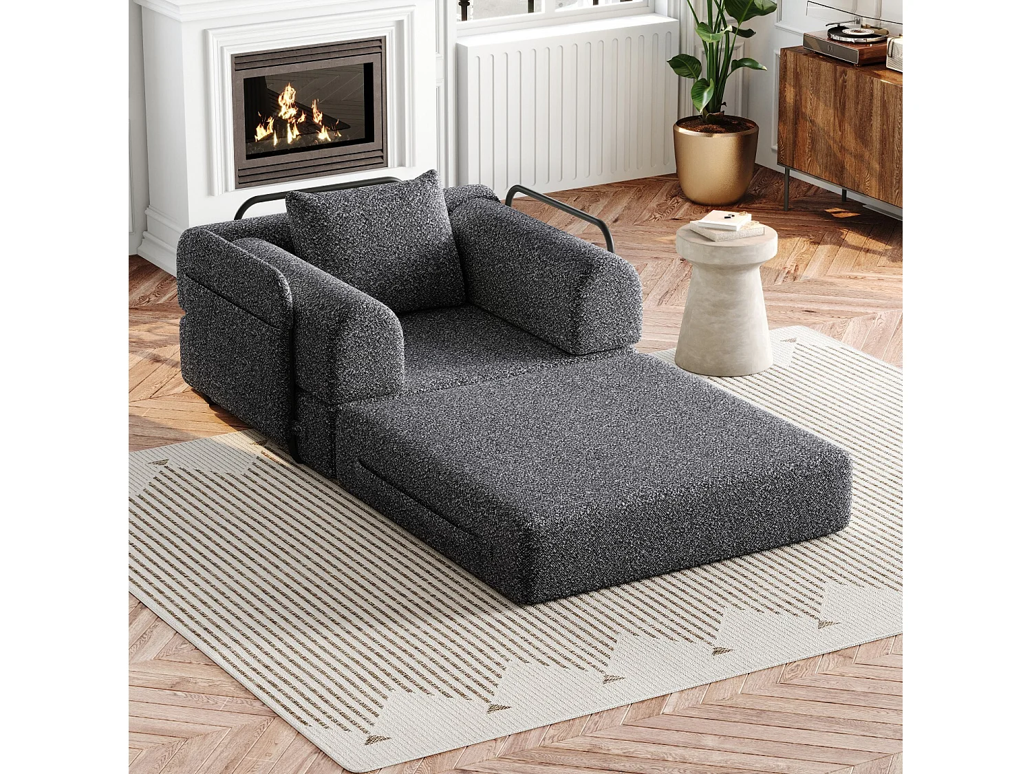 Umwandelbares Sofa mit gepolsterten Armlehnen und Seitentaschen, Metallgestell – Graues Chenille