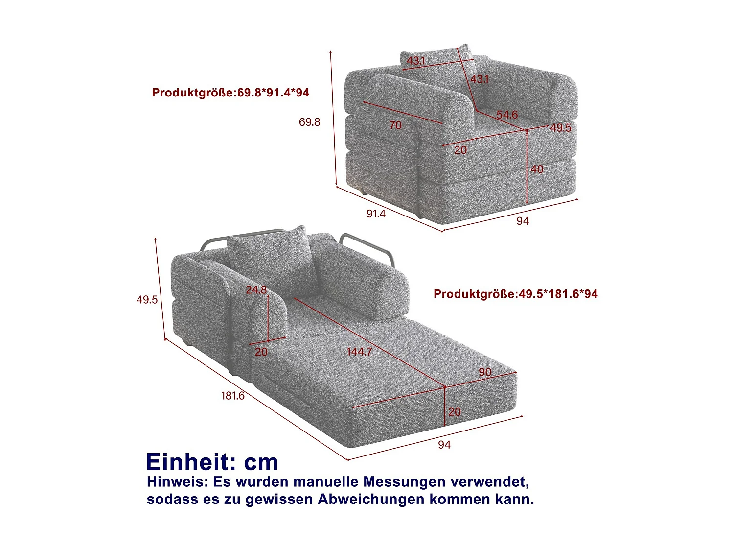 Umwandelbares Sofa mit gepolsterten Armlehnen und Seitentaschen, Metallgestell – Graues Chenille