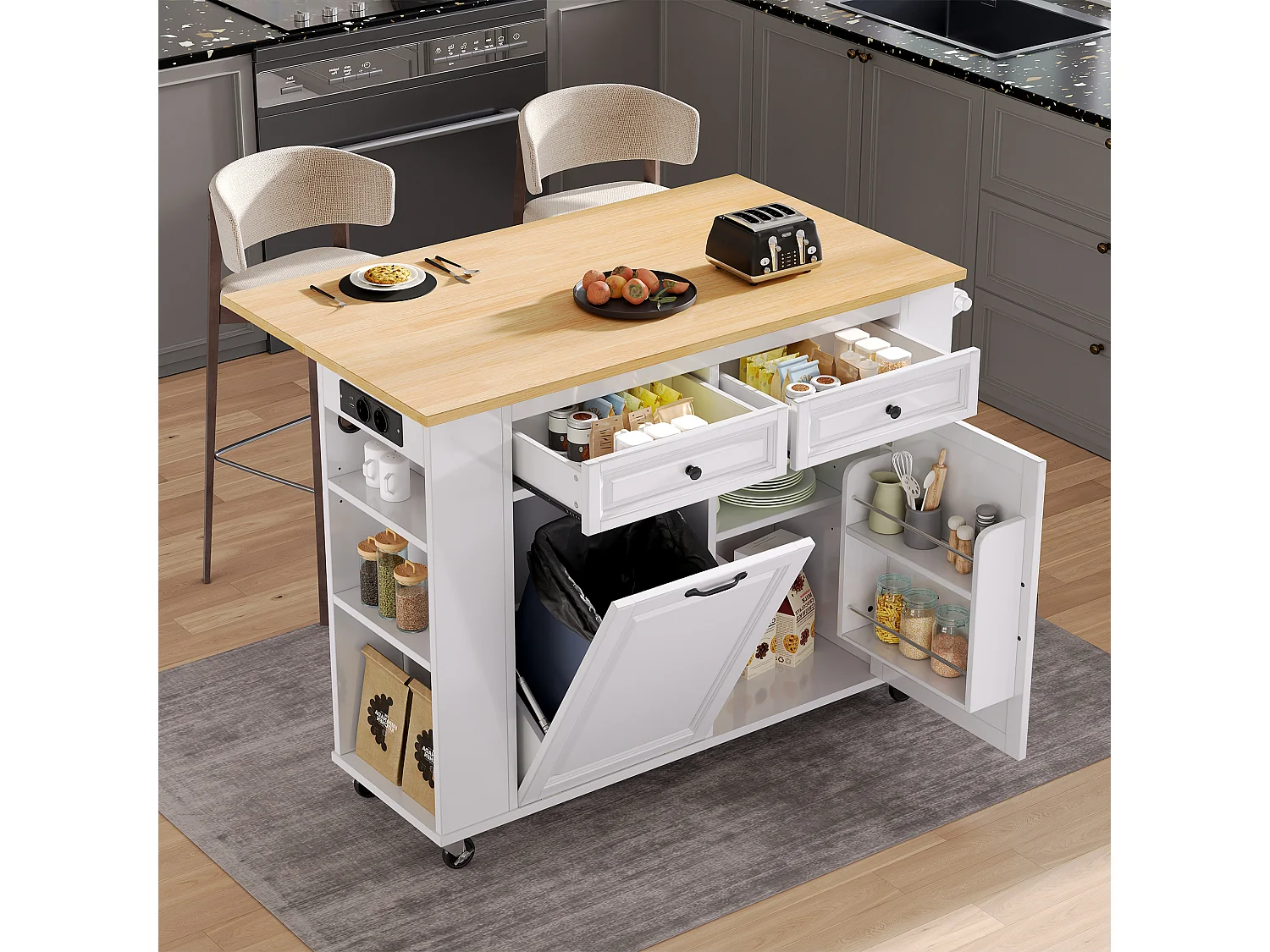 Mobiel keukeneiland met USB-aansluiting en uitklapbaar tafelblad, 2 opberglades - wit
