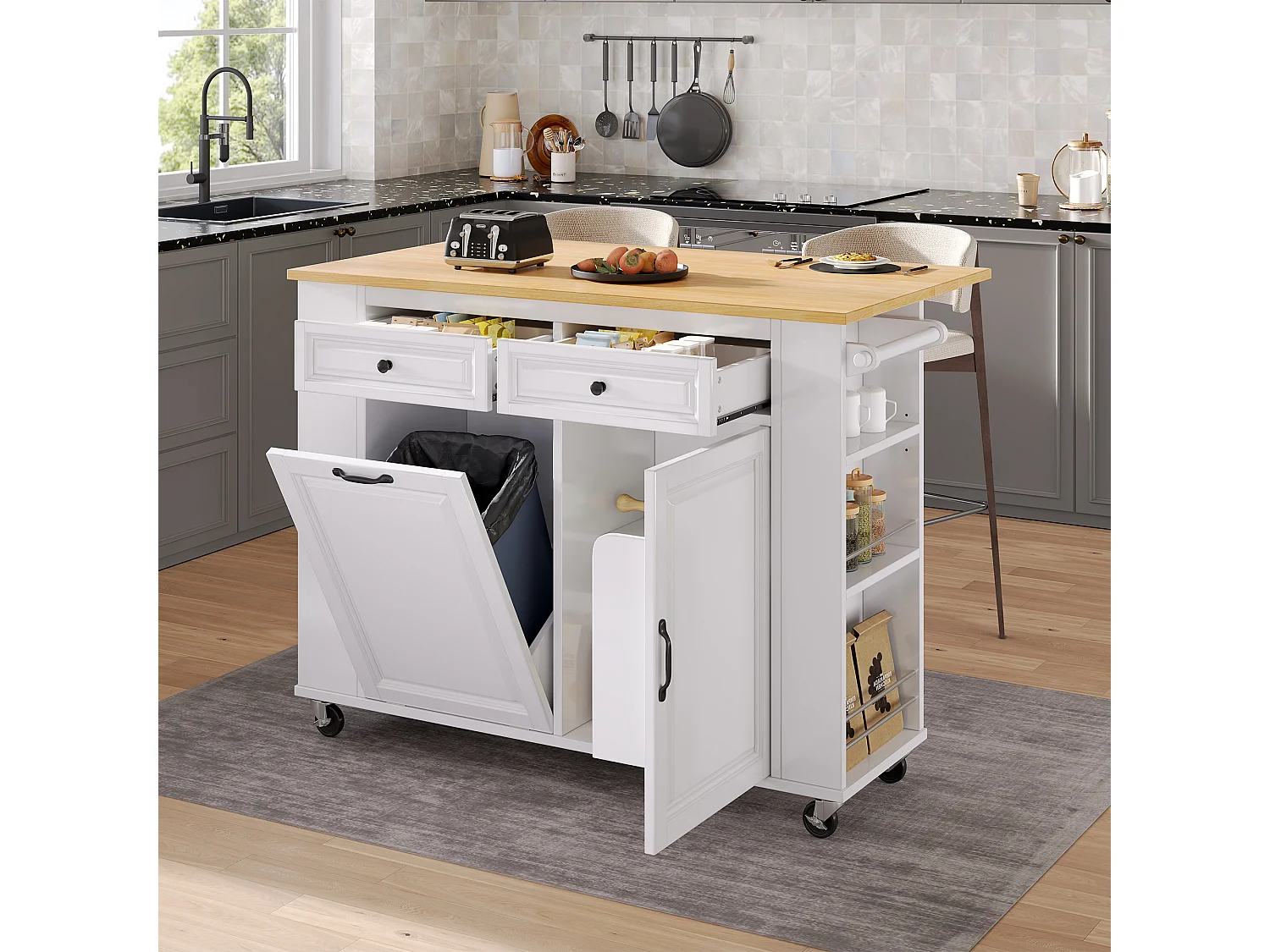 Mobiel keukeneiland met USB-aansluiting en uitklapbaar tafelblad, 2 opberglades - wit