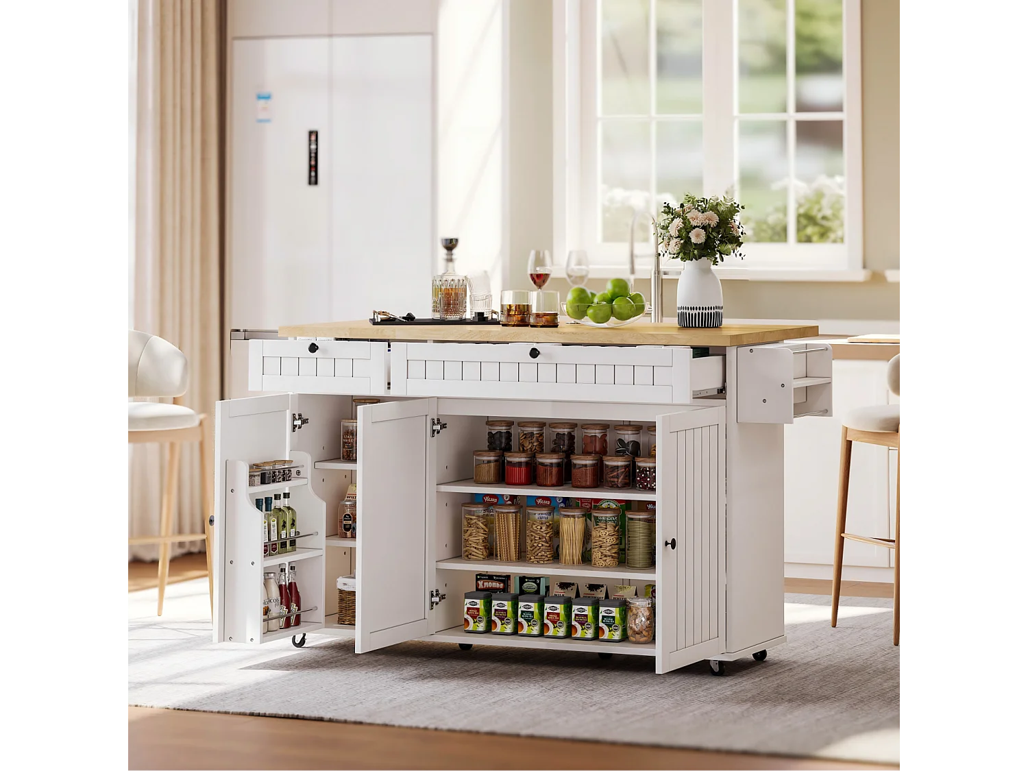 Îlot central avec plateau rabattable, 6 roulettes freinées et 2 tiroirs de rangement - blanc