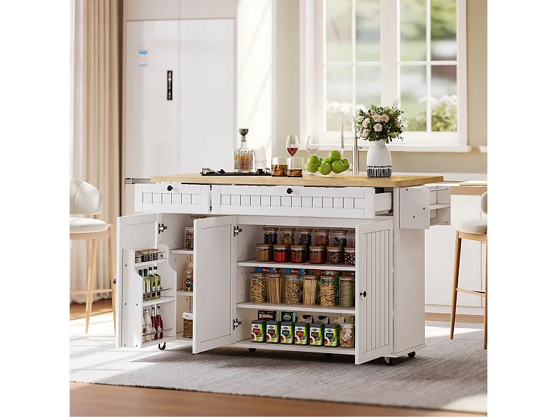 Wyspa kuchenna ze składanym blatem, 6 blokowanymi kółkami i 2 szufladami – biała