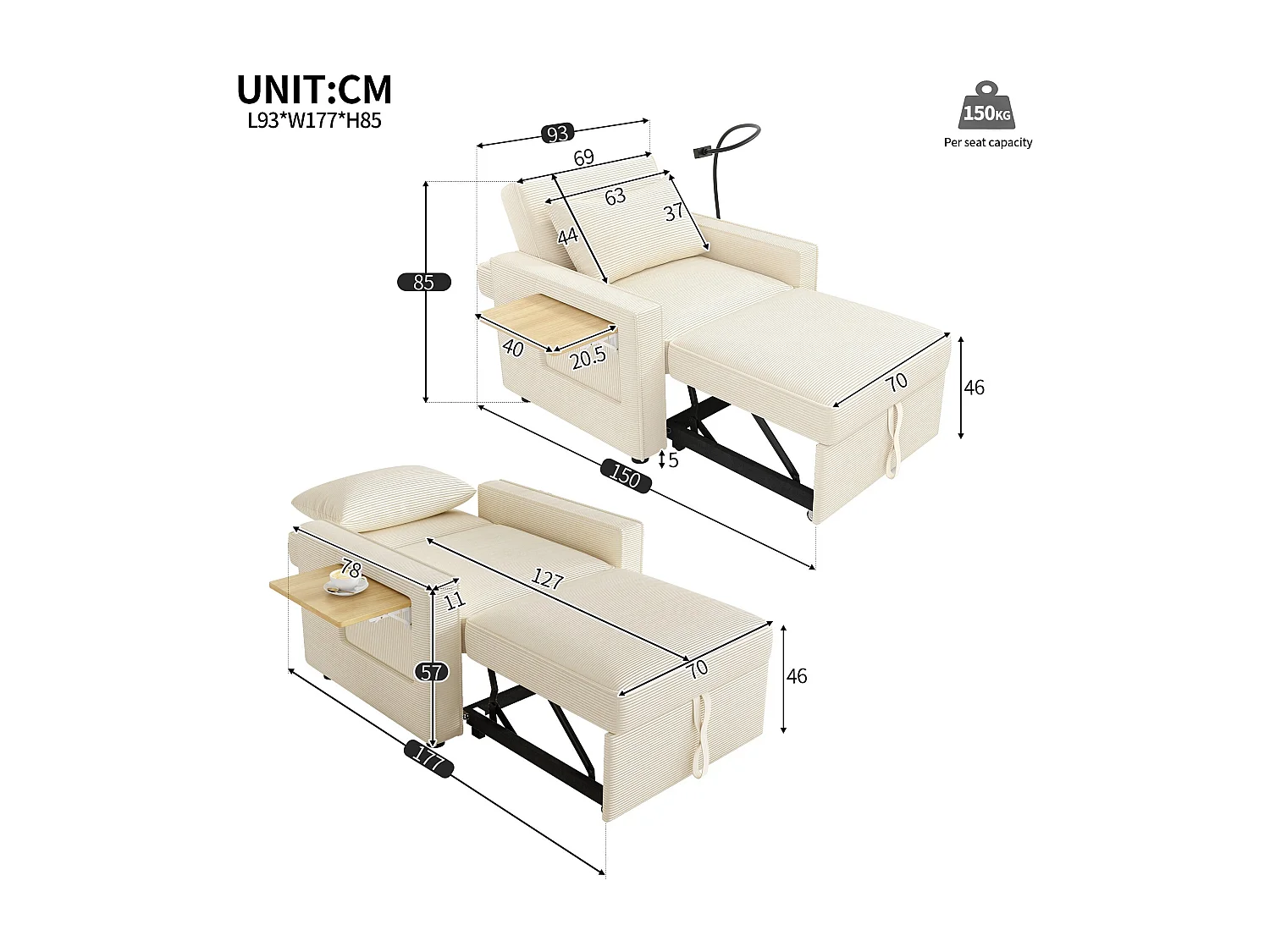 Converteerbare bank met USB-aansluiting en telefoonhouder, verstelbare rugleuning - Beige corduroy