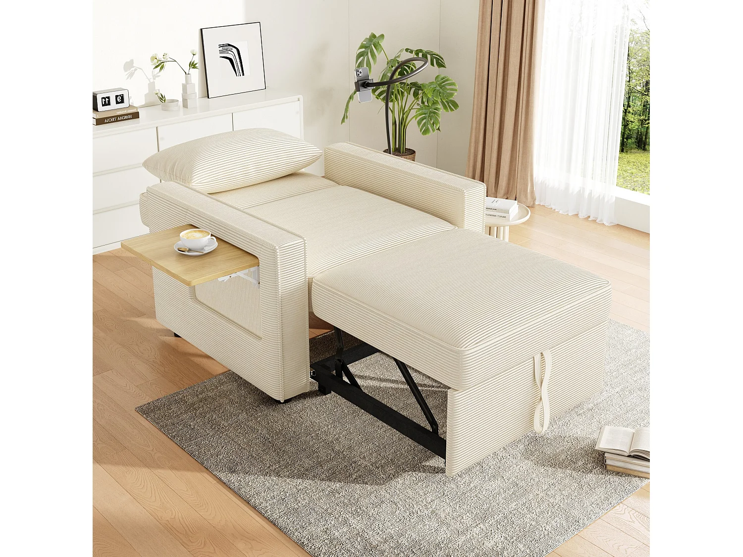 Canapé convertible avec port USB et support téléphone, dossier réglable - Velours côtelé beige