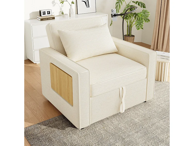 Canapé convertible avec port USB et support téléphone, dossier réglable - Velours côtelé beige