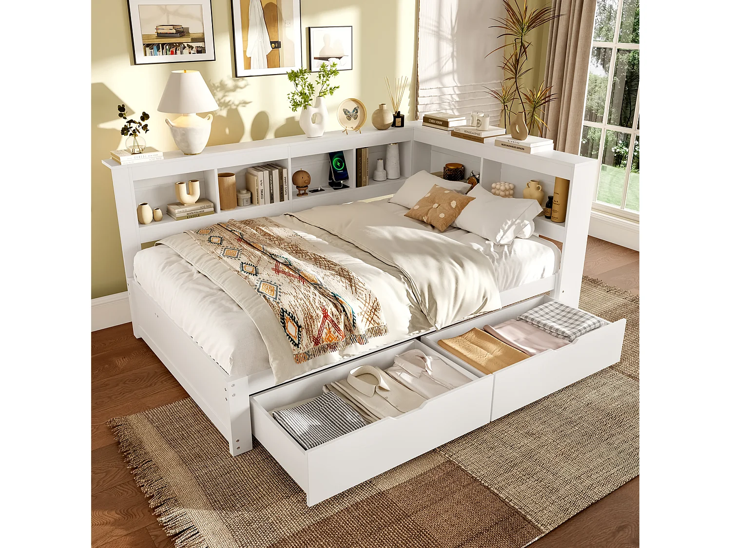 Tagesbett 140 x 200 cm, Kinderbett mit 2 Schubladen, Ablagefach, 2 USB-Anschlüssen – Weiß (ohne Matratze)