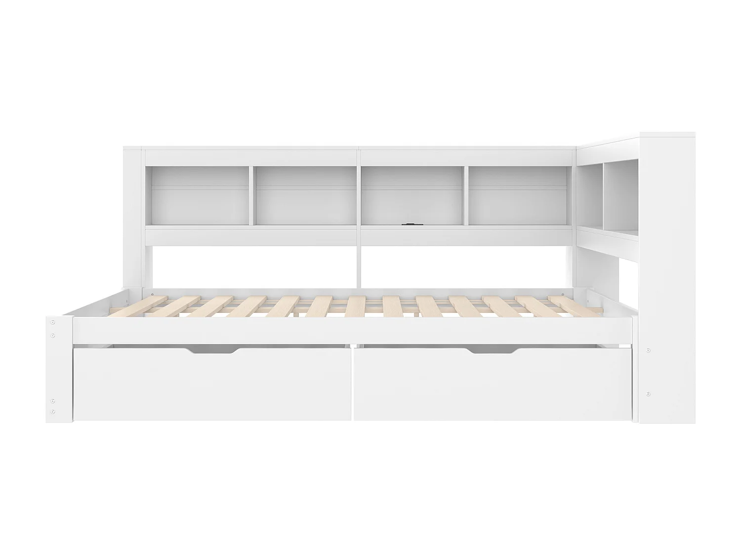 Tagesbett 140 x 200 cm, Kinderbett mit 2 Schubladen, Ablagefach, 2 USB-Anschlüssen – Weiß (ohne Matratze)