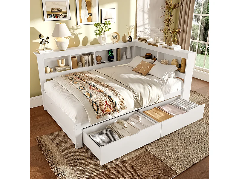 Tagesbett 140 x 200 cm, Kinderbett mit 2 Schubladen, Ablagefach, 2 USB-Anschlüssen – Weiß (ohne Matratze)