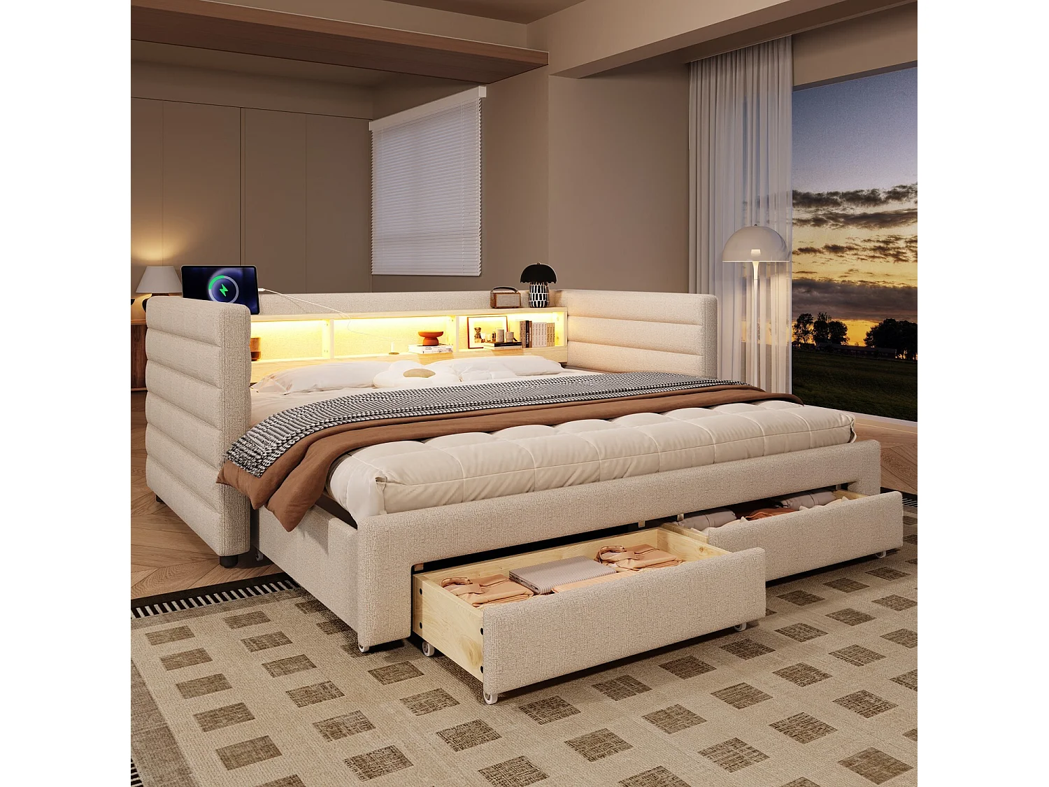 Slaapbank 90x190cm, uitschuifbaar bed met ledverlichting en USB-aansluiting, 2 lades - beige fluweel (zonder matras)