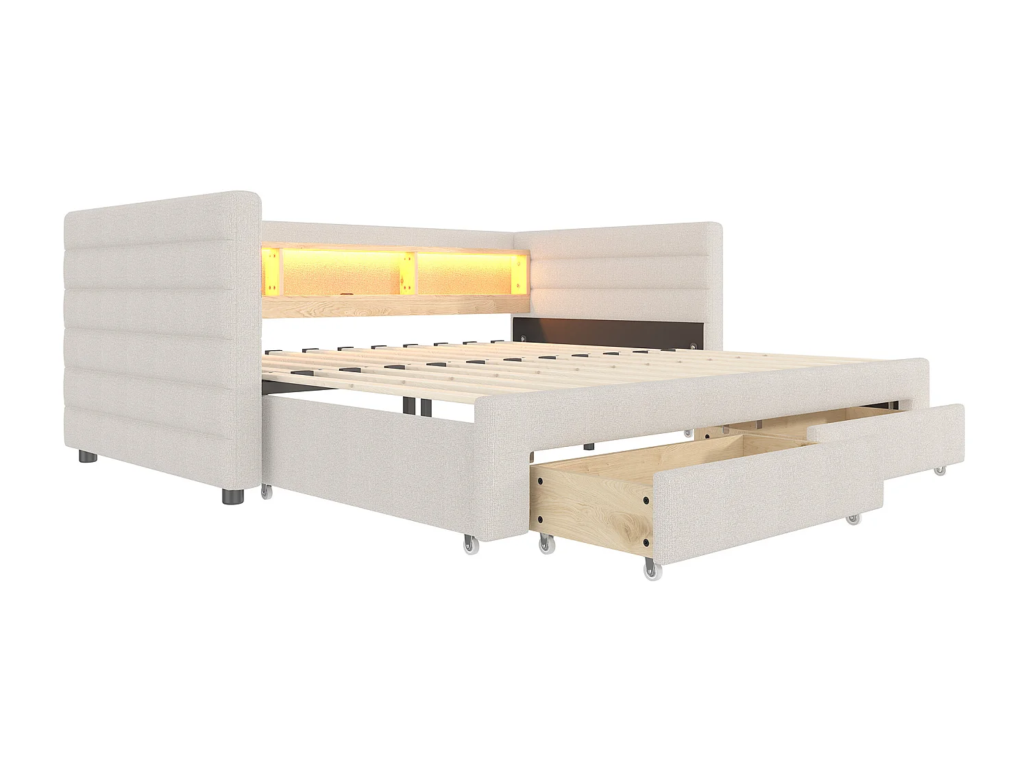 Slaapbank 90x190cm, uitschuifbaar bed met ledverlichting en USB-aansluiting, 2 lades - beige fluweel (zonder matras)