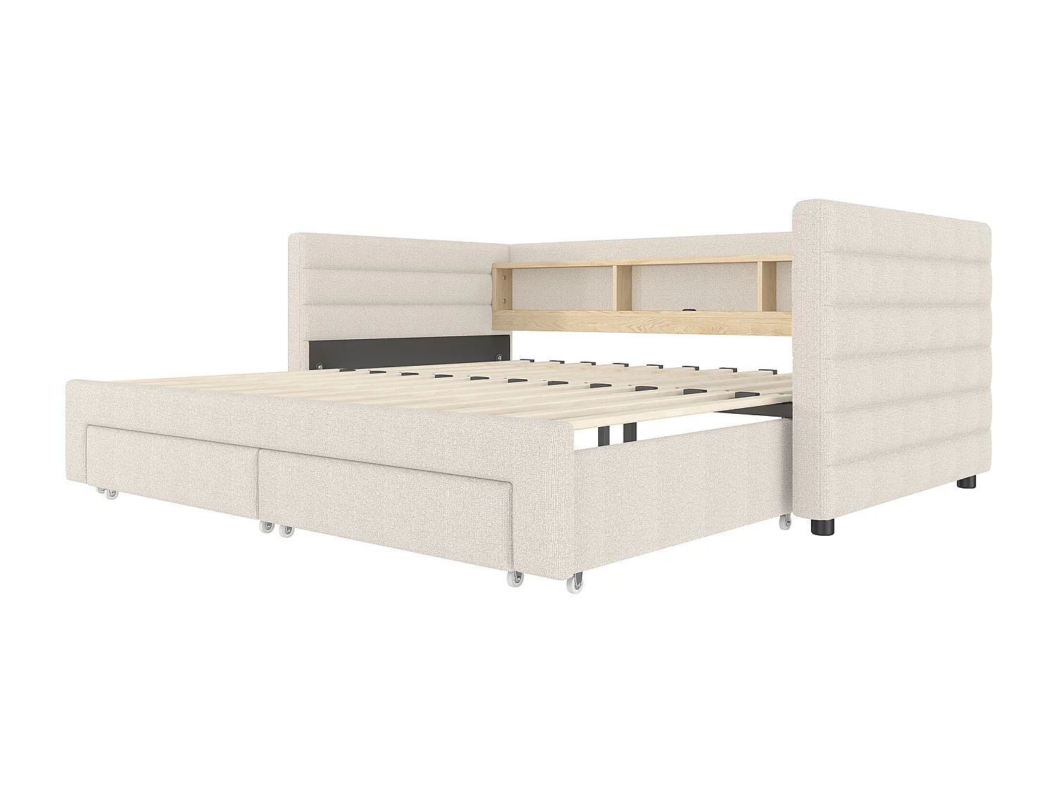 Slaapbank 90x190cm, uitschuifbaar bed met ledverlichting en USB-aansluiting, 2 lades - beige fluweel (zonder matras)
