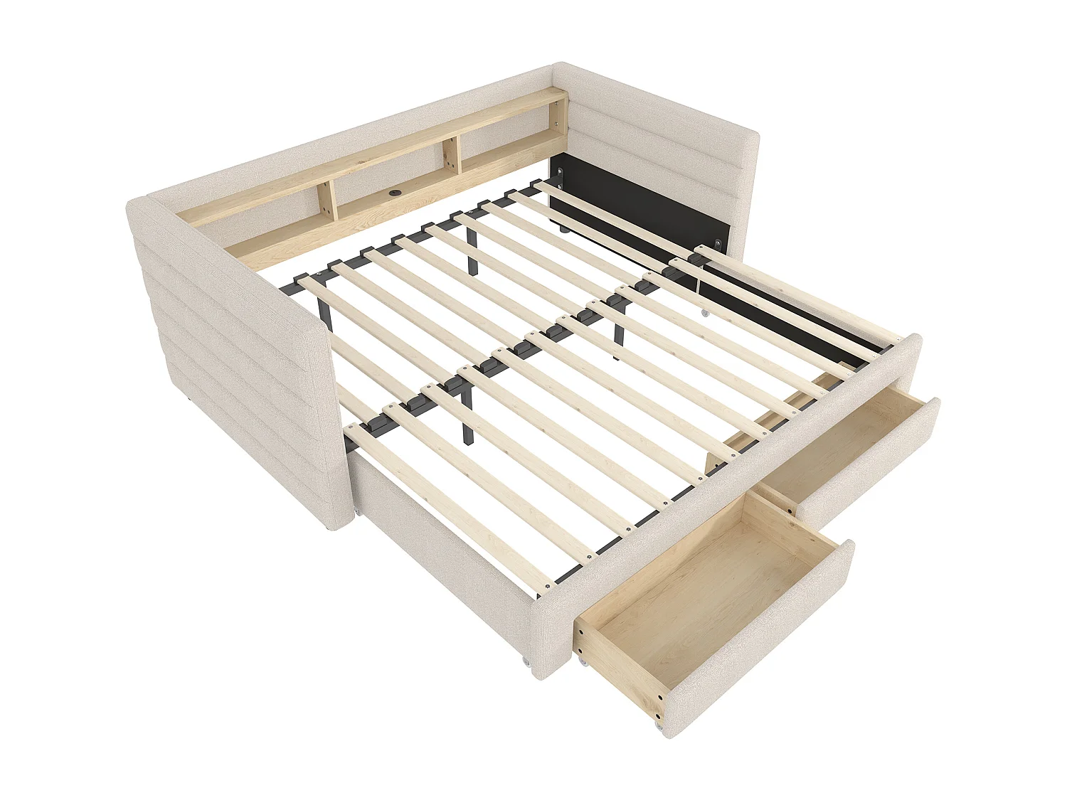 Slaapbank 90x190cm, uitschuifbaar bed met ledverlichting en USB-aansluiting, 2 lades - beige fluweel (zonder matras)