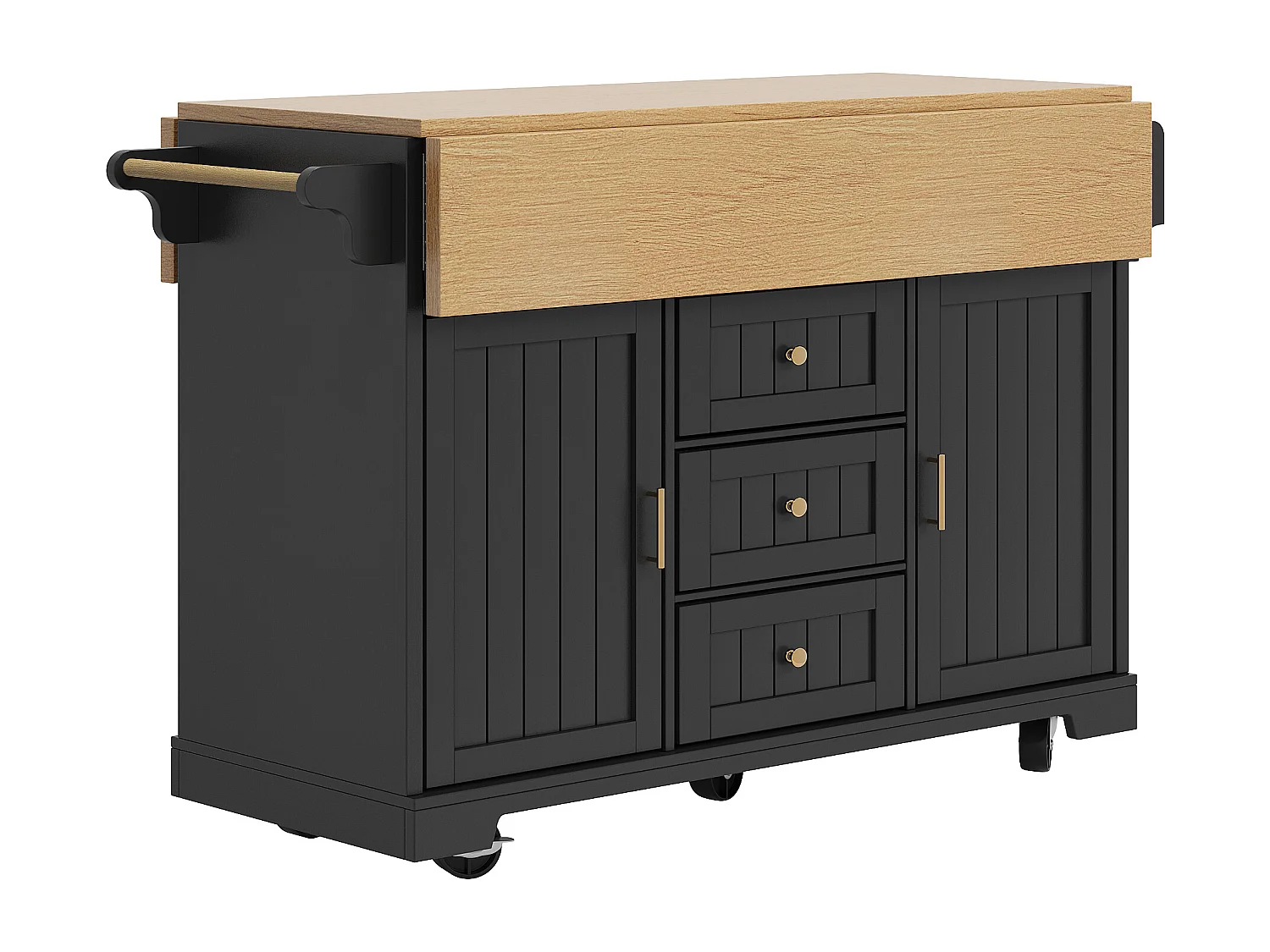 Îlot de cuisine noir avec plateau de table pliable, 3 tiroirs de rangement et 2 portes - 5 roulettes