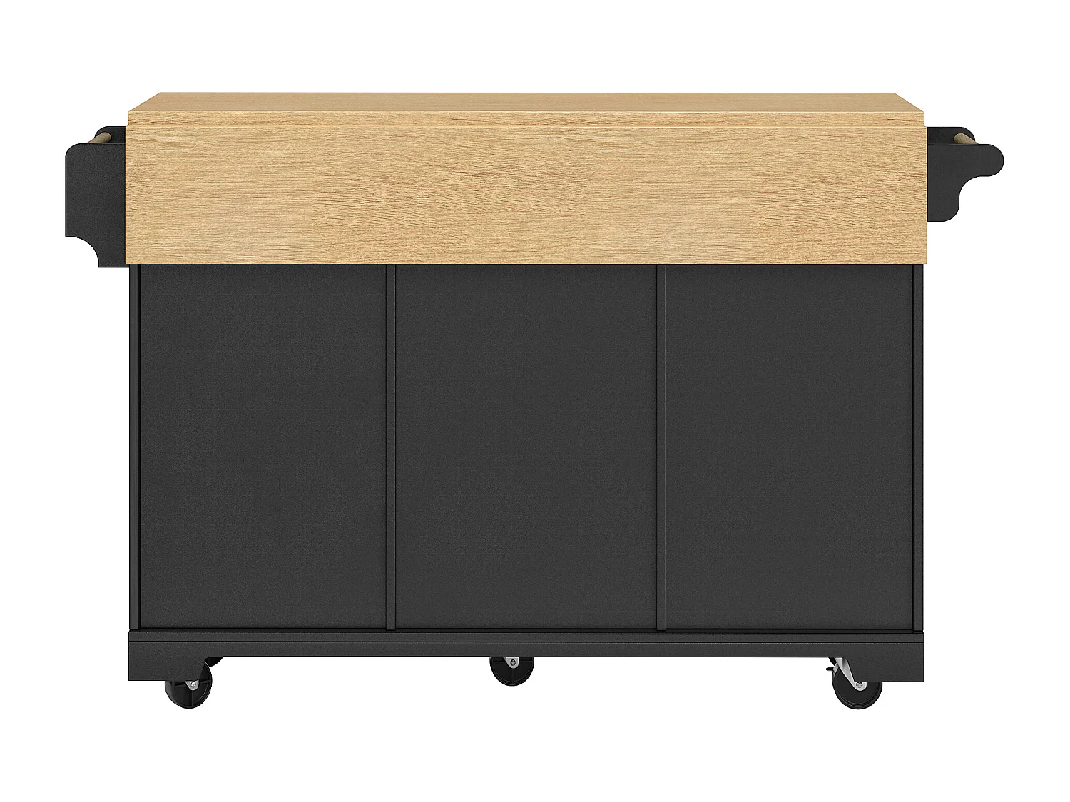Îlot de cuisine noir avec plateau de table pliable, 3 tiroirs de rangement et 2 portes - 5 roulettes