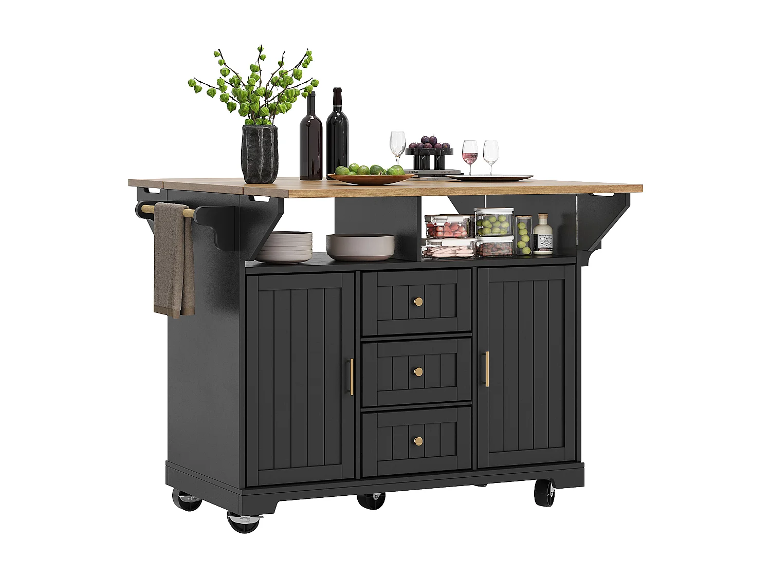 Îlot de cuisine noir avec plateau de table pliable, 3 tiroirs de rangement et 2 portes - 5 roulettes
