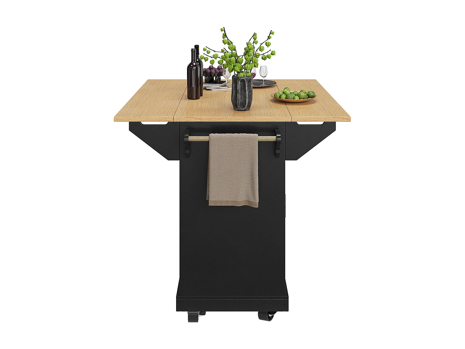 Îlot de cuisine noir avec plateau de table pliable, 3 tiroirs de rangement et 2 portes - 5 roulettes
