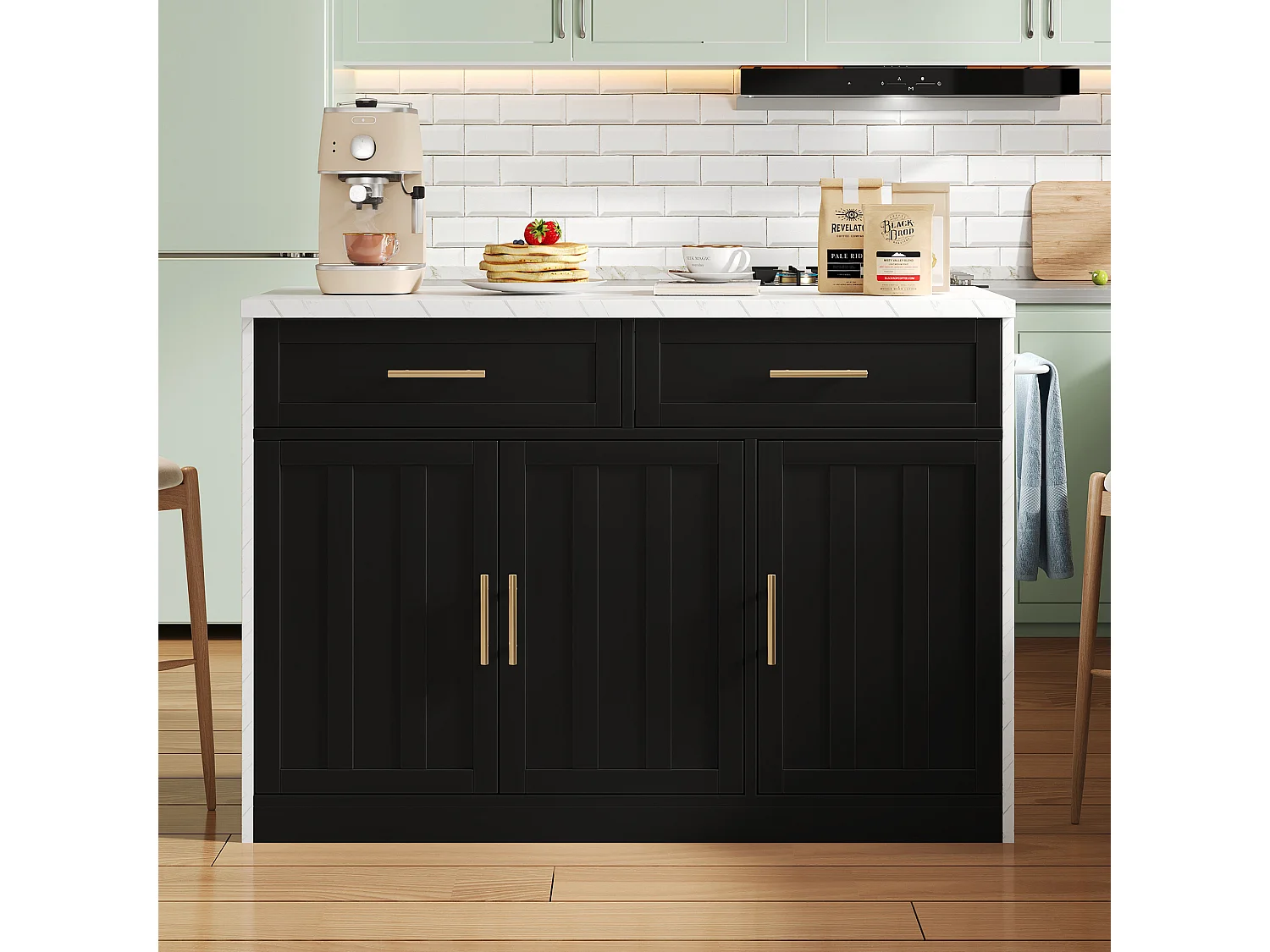 Îlot central, Îlot de cuisine avec prise USB, 3 portes et 2 tiroirs - MDF - Blanc et noir - pour salon et cuisine