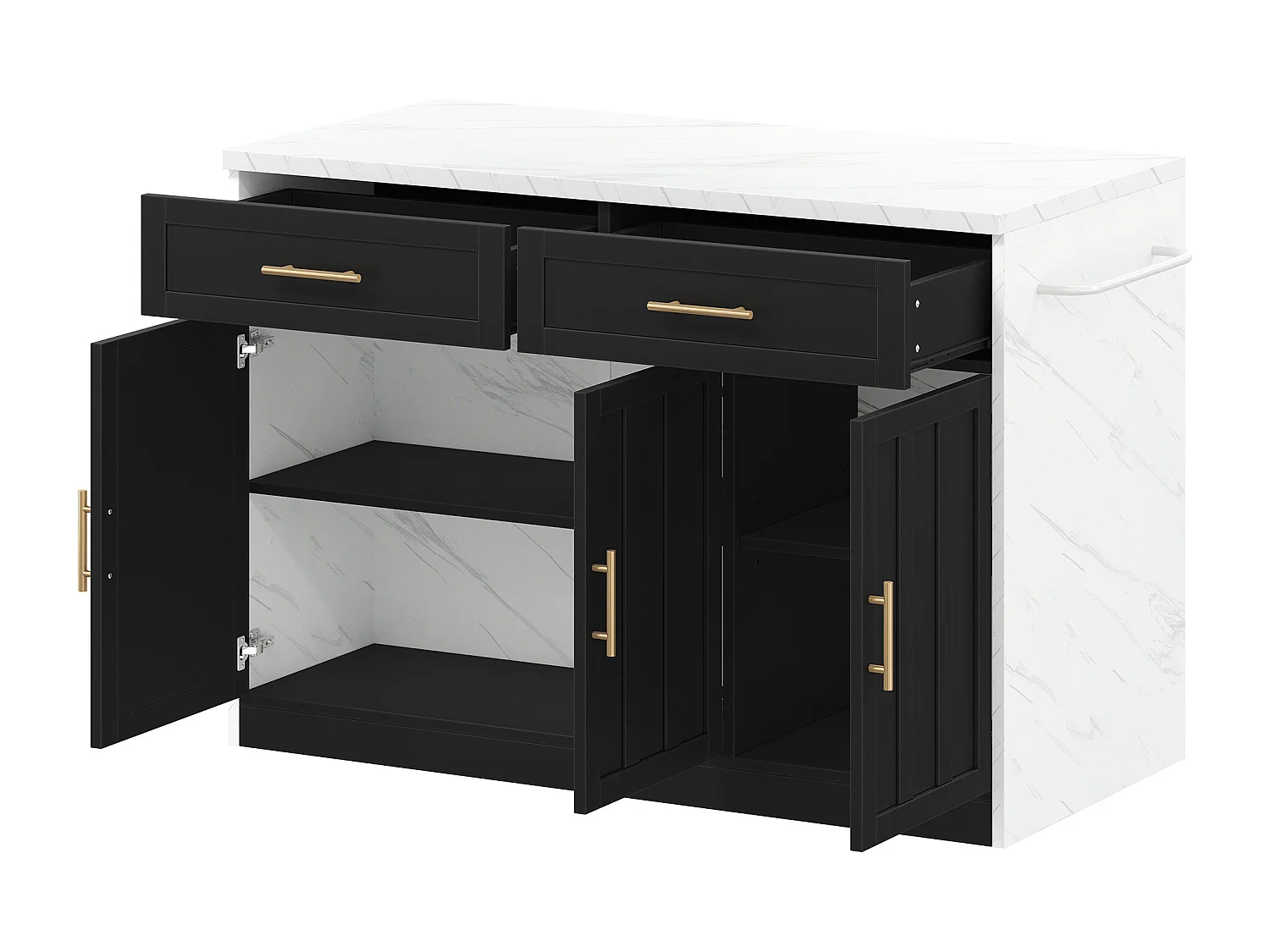 Îlot central, Îlot de cuisine avec prise USB, 3 portes et 2 tiroirs - MDF - Blanc et noir - pour salon et cuisine