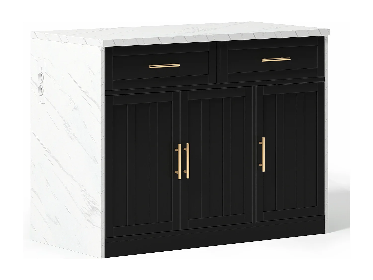 Îlot central, Îlot de cuisine avec prise USB, 3 portes et 2 tiroirs - MDF - Blanc et noir - pour salon et cuisine