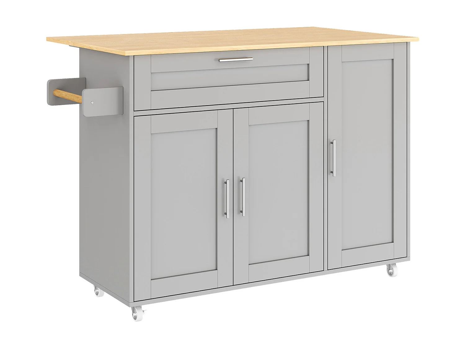 Grijs kookeiland, mobiel kookeiland met uitklapbaar werkblad, 3 deuren en 1 lade - voor keukens en eetkamers