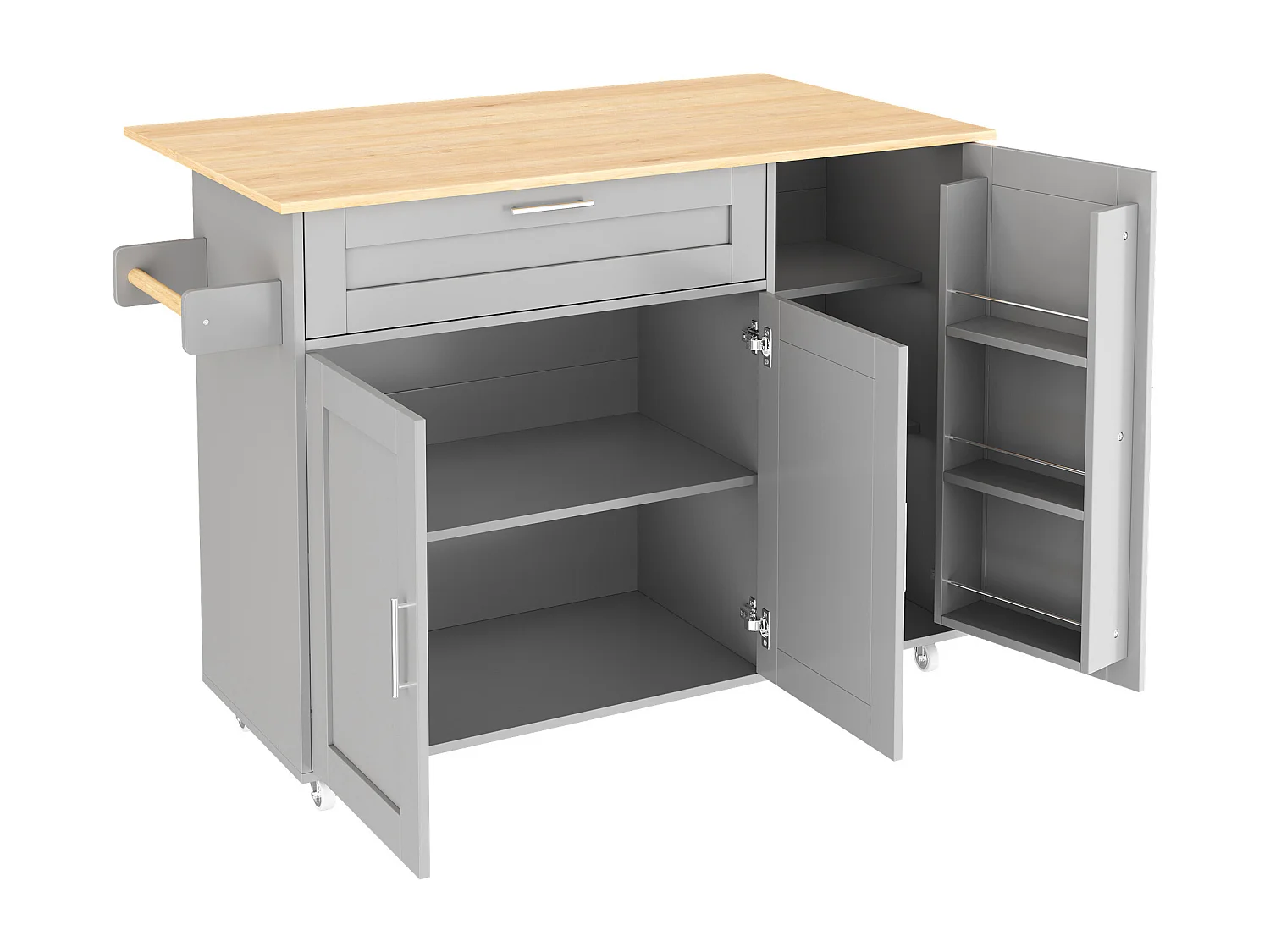 Grijs kookeiland, mobiel kookeiland met uitklapbaar werkblad, 3 deuren en 1 lade - voor keukens en eetkamers
